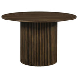 Hamlyn 43-inch round walnut wood dining table, angled top view