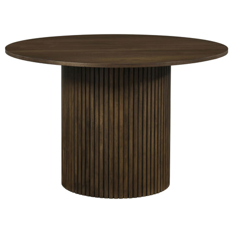 Hamlyn 43-inch round walnut wood dining table, angled top view
