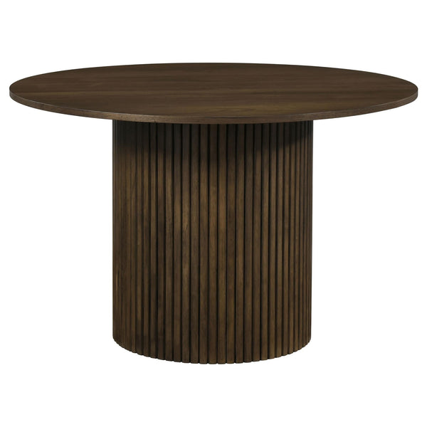Hamlyn 43-inch round walnut wood dining table, angled top view