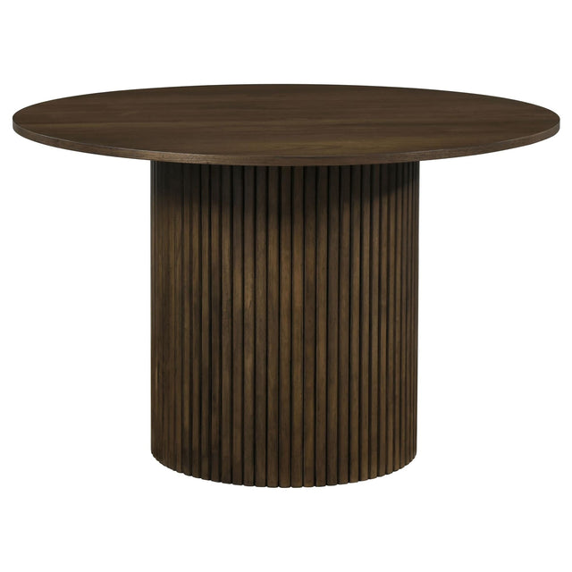 Hamlyn 43-inch round walnut wood dining table, angled top view