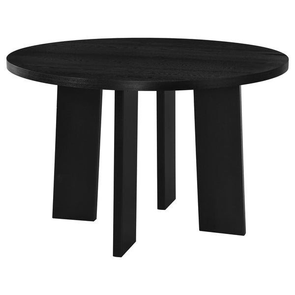 Strouse 47-inch round black wood dining table, front view showing pedestal base