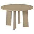 Strouse 47-inch round natural oak wood dining table, angled side view showing pedestal base