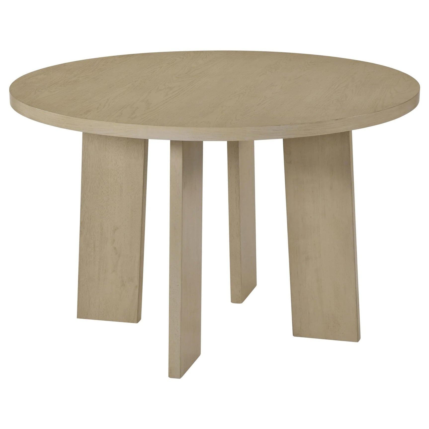 Strouse 47-inch round natural oak wood dining table, angled side view showing pedestal base