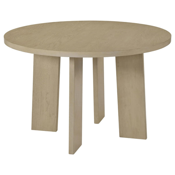 Strouse 47-inch round natural oak wood dining table, angled side view showing pedestal base