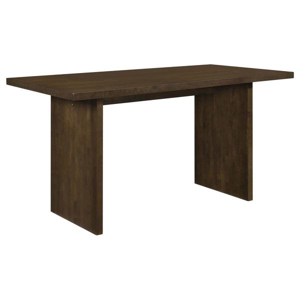 Decker 70-inch rectangular dark walnut counter height dining table, angled view showing the slab top and panel legs