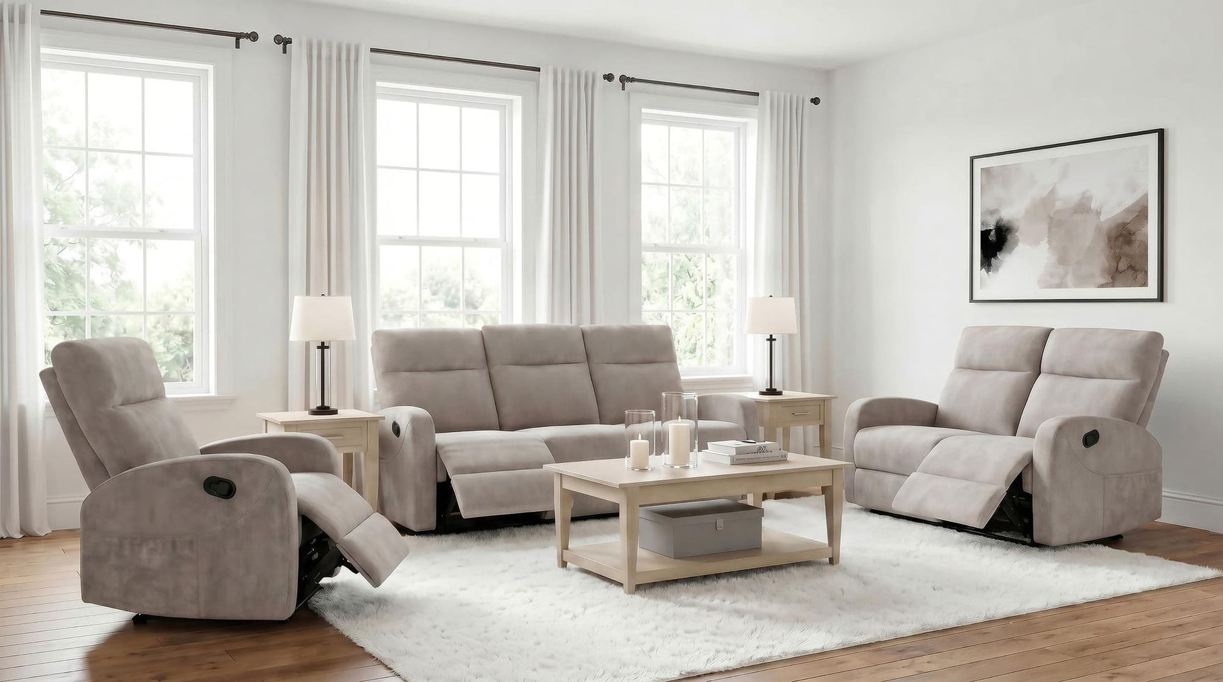 Hamilton 3-piece reclining sofa set in sand chenille, front angle view