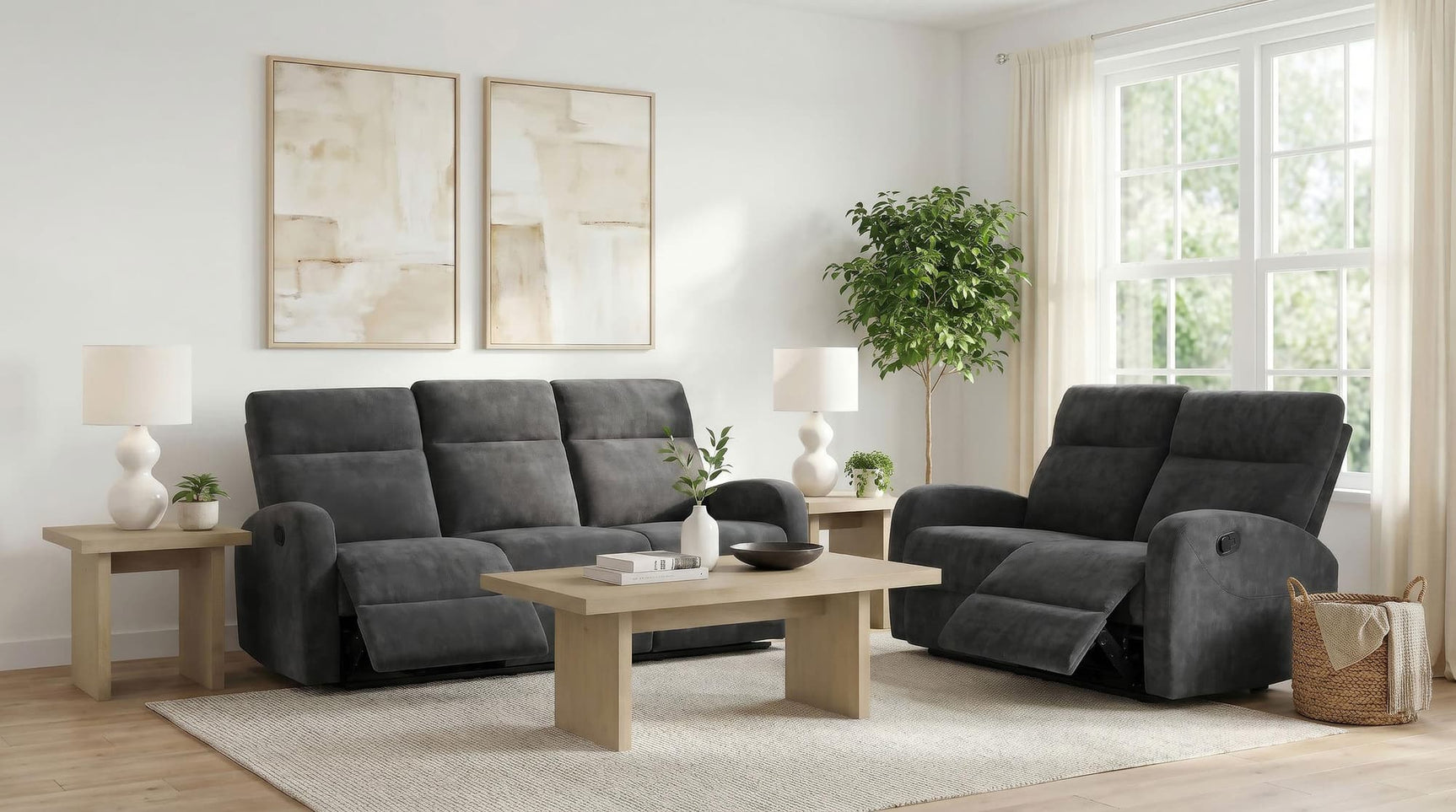 Hamilton 2-piece Chenille Manual Reclining Sofa Set Charcoal Grey front view