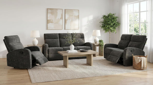 Hamilton 3-piece reclining sofa set in charcoal grey chenille, front view