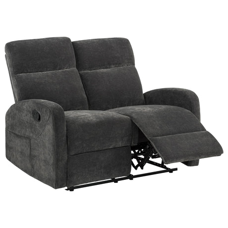 Hamilton Chenille Upholstered Manual Reclining Loveseat side view showing reclined position