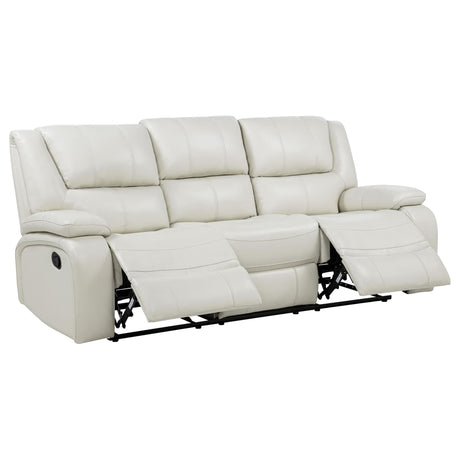 Camila white upholstered motion reclining sofa front angle