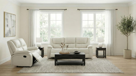 Camila white reclining sofa set angled view