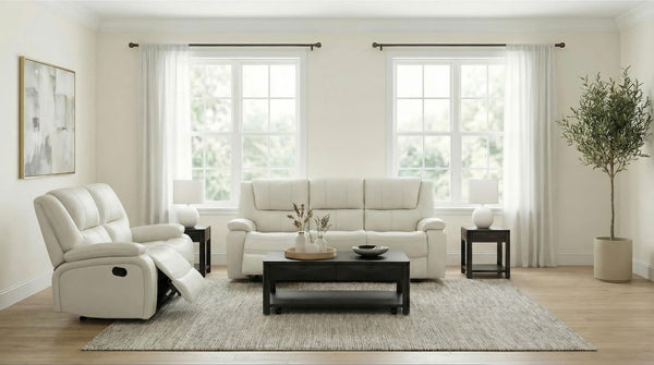 Camila white reclining sofa set angled view
