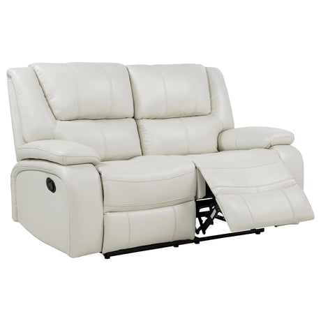 Camila white upholstered motion reclining loveseat front view