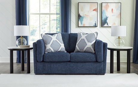 Evansley Navy Nuvella® Loveseat front angle seating view