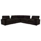 Collins 7-piece modular sectional sofa in chocolate brown fabric showing front angle with recliner seats