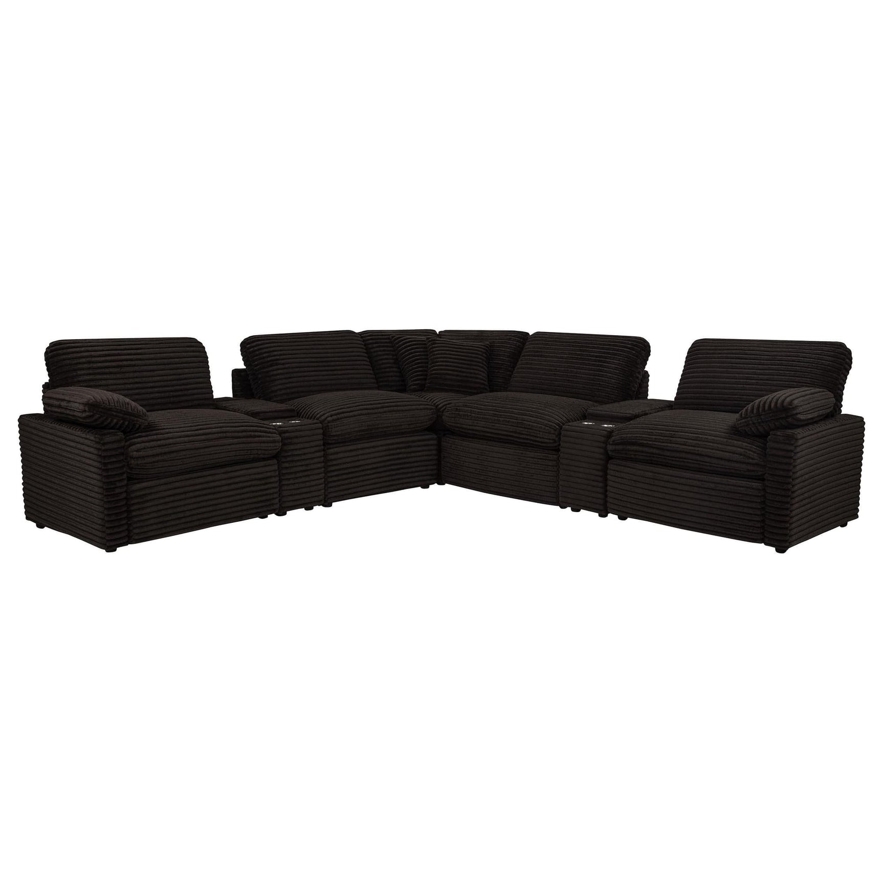 Collins 7-piece modular sectional sofa in chocolate brown fabric showing front angle with recliner seats