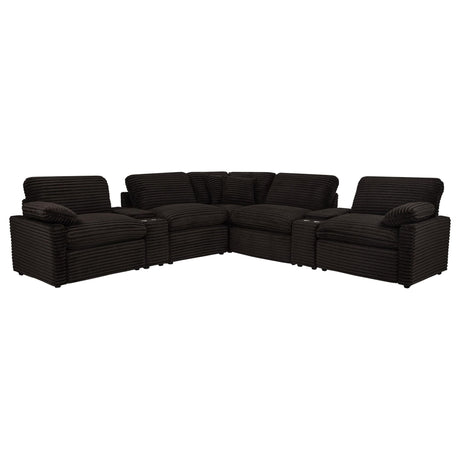Collins 7-piece modular sectional sofa in chocolate brown fabric showing front angle with recliner seats