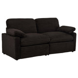 Collins modular power reclining loveseat in chocolate brown fabric, front view