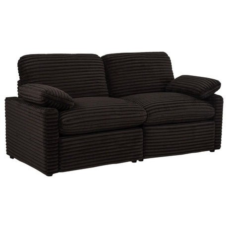 Collins modular power reclining loveseat in chocolate brown fabric, front view