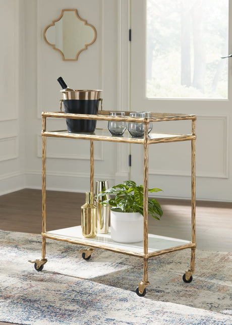 Plattfield Antique Gold Finish Bar Cart angled view