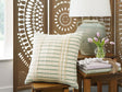 Front view of Rowton white and green striped pillow