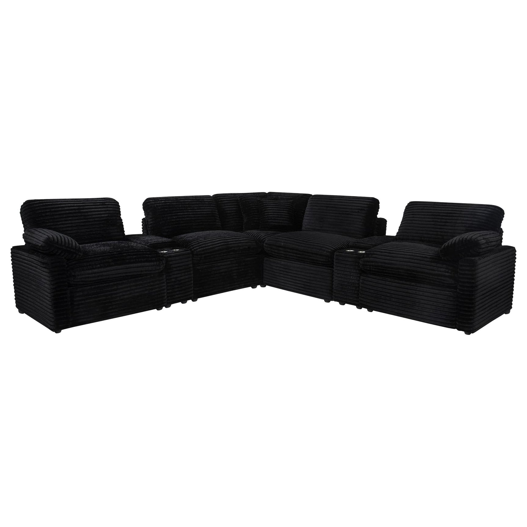 Collins 7-piece modular black fabric power reclining sectional sofa angled view