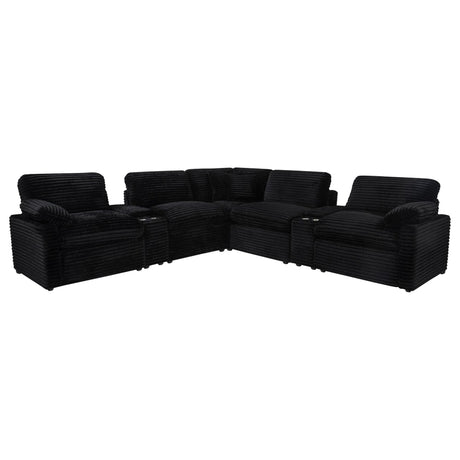 Collins 7-piece modular black fabric power reclining sectional sofa angled view