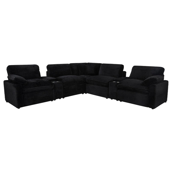 Collins 7-piece modular black fabric power reclining sectional sofa angled view