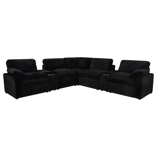 Collins 7-piece modular black fabric power reclining sectional sofa angled view