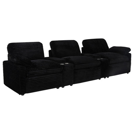 Collins 5-piece power reclining home theater seating in black fabric front angle