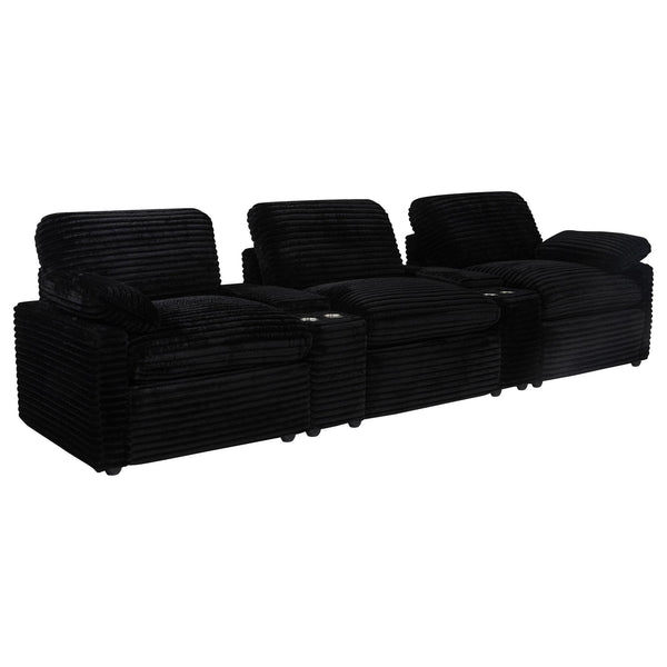 Collins 5-piece power reclining home theater seating in black fabric front angle