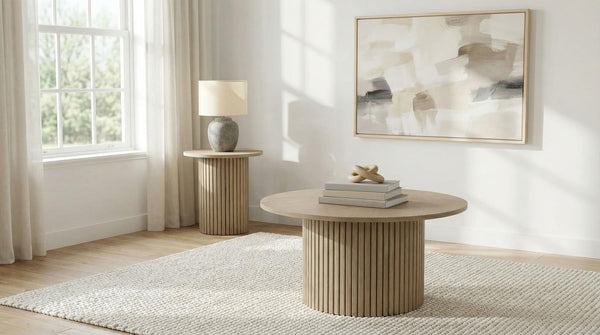 Hamlyn round fluted coffee table with ash veneer top and pedestal base
