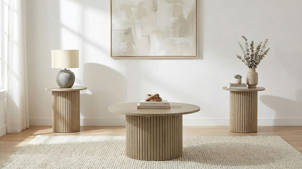 Hamlyn 3-piece Round Fluted Coffee and End Table Set Natural Oak front view