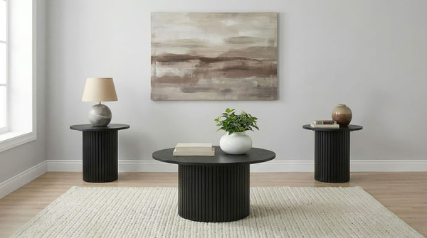 Hamlyn 3-piece round fluted coffee and end table set black front angle