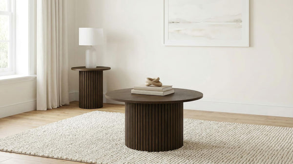 Hamlyn 2-piece round fluted coffee and end table set in walnut, front view