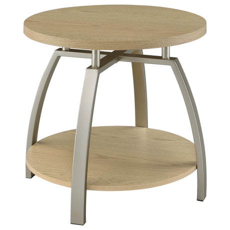 Dacre round side end table with greige engineered wood top and metal legs