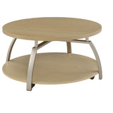 Dacre Round Coffee Table with greige engineered wood top, angled view