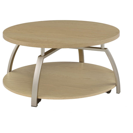 Dacre Round Coffee Table with greige engineered wood top, angled view