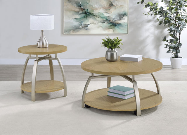 Dacre 2-piece round coffee and end table set greige front view