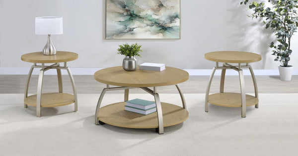 Dacre 3-piece round coffee and end table set greige, front view