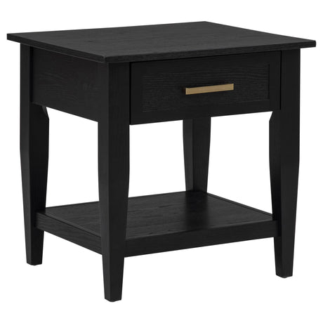 Lindenton black wood 1-drawer occasional side table front view