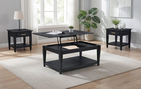 Lindenton 3-piece black wood lift-top coffee and end table set front angle