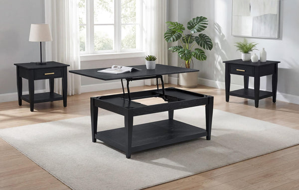 Lindenton 3-piece black wood lift-top coffee and end table set front angle
