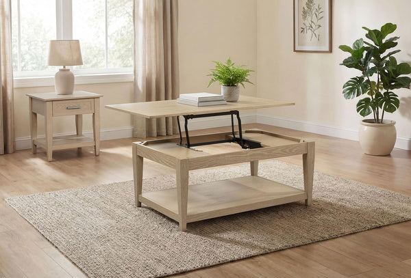 Lindenton 2-piece blonde oak lift-top coffee and end table set, front view