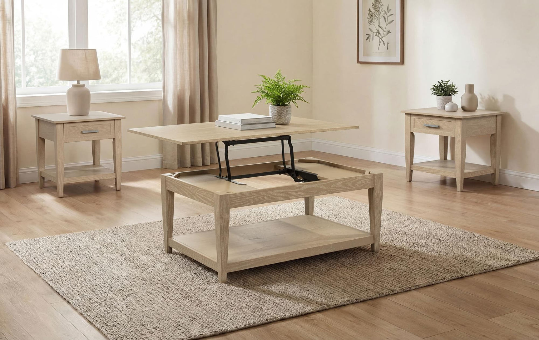 Lindenton lift-top coffee table in blonde oak, folded down