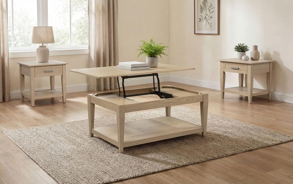 Lindenton lift-top coffee table in blonde oak, folded down