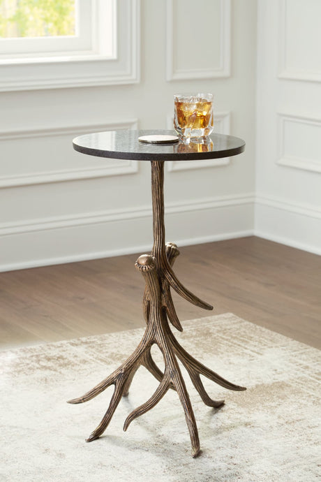 Lemkins black antique gold finish accent table front view with black marble top