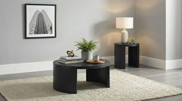 Sweeney black coffee and end table set front angle