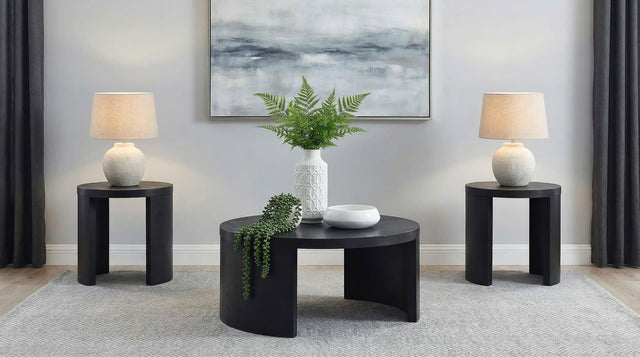 Sweeney 3-piece coffee and end table set black, angled front view