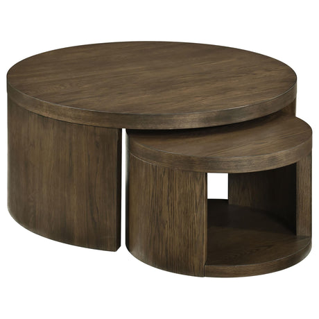 Sweeney 2-piece round wood nesting table set dark walnut front view